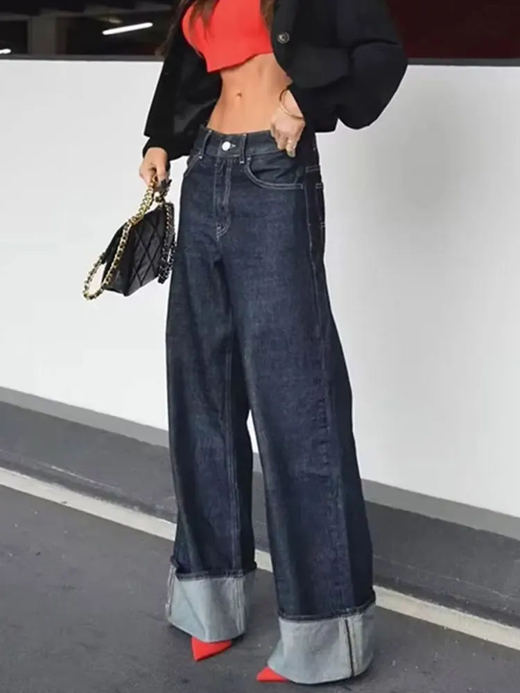 HH Women Fashion Navy Wide Leg Jeans Casual High Waist Zipper Fly Denim Pants Autumn Y2K High Street Straight Trousers Jeans