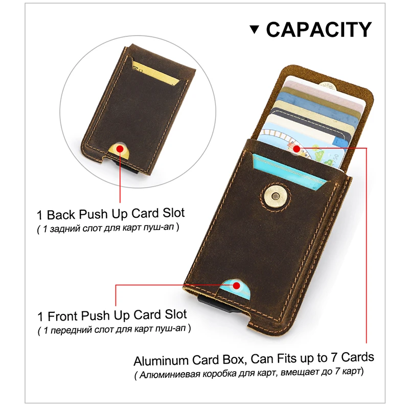 Leather Wallet Men Credit Card Holder Aluminum Box Genuine Leather Slim Wallet RFID Anti-theft