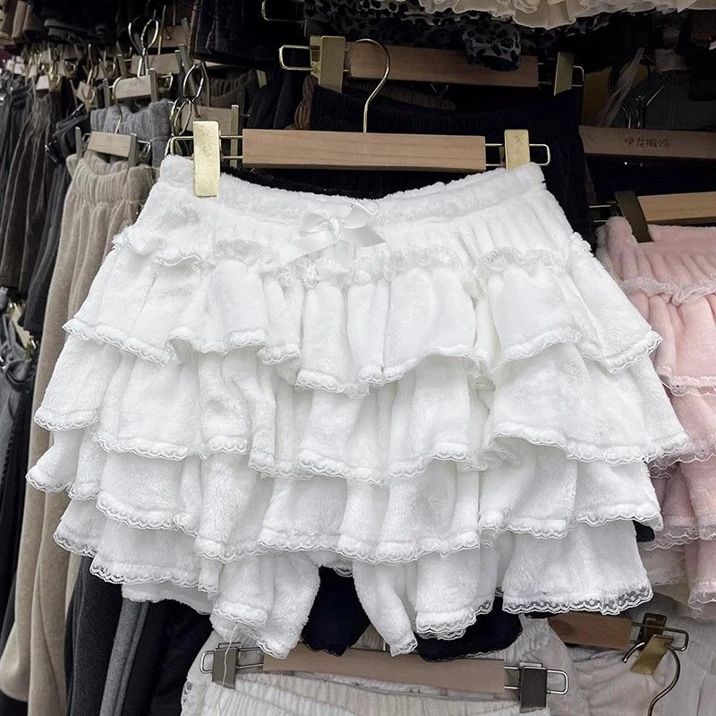 Pink Kawaii Women Dance Skirts Japanese Sweet Lolita Lace Splicing Female Puffy Skirts Y2K High Waist Ruffle Ladies Mini Skirts 3