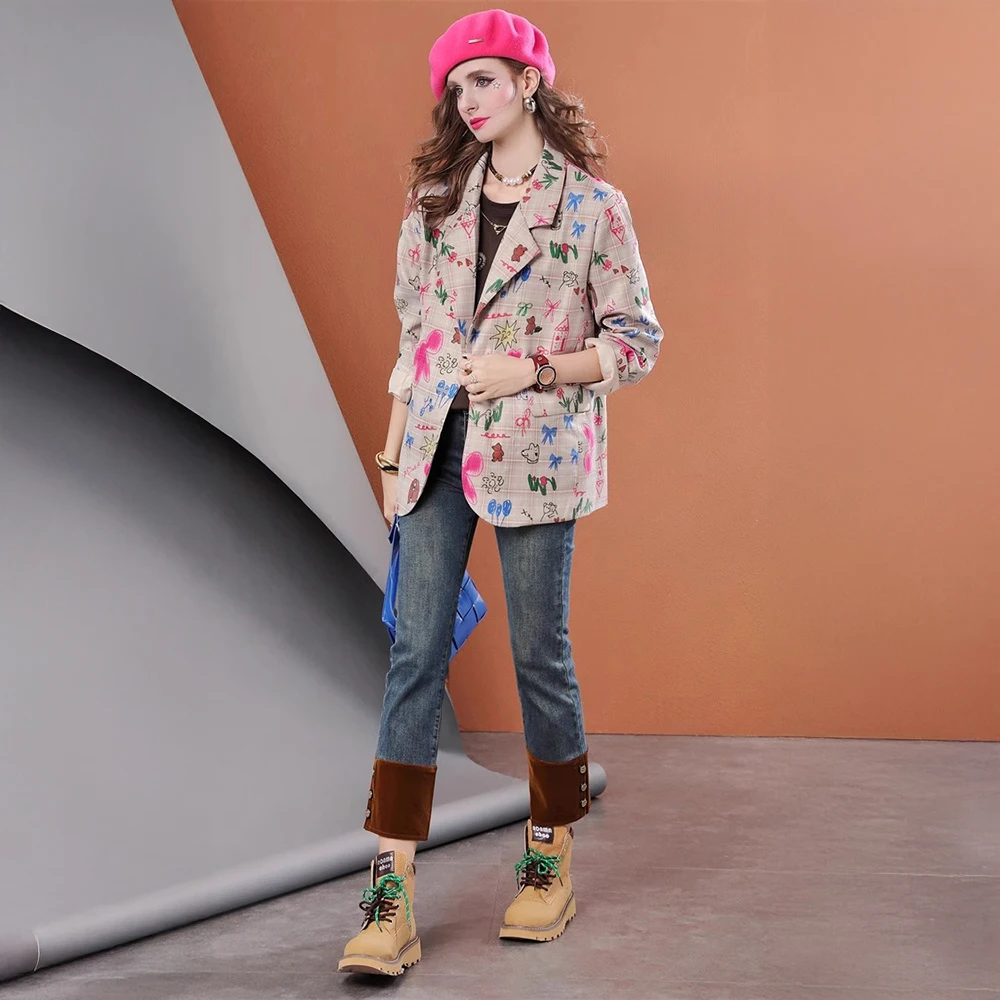 Autumn mid-length hand-painted graffiti print casual women's plaid suit jacket 5