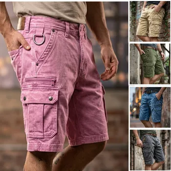 Vintage Multi Pocket Cargo Shorts Men Casual Solid Color Loose Straight Shorts Spring Summer Mens Fashion Knee-length Bottoms 1
