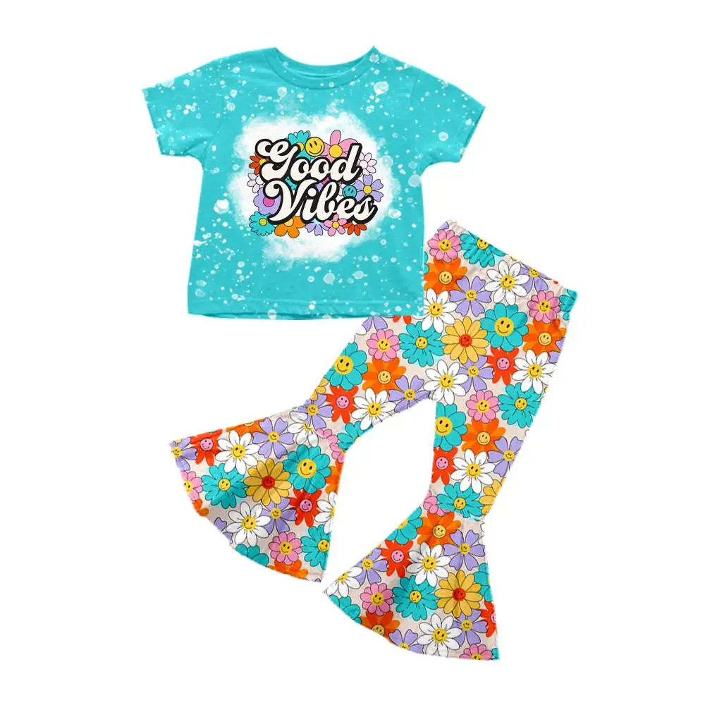 

Hot selling wholesale children's clothing girls suit chrysanthemum short sleeve bell pants boutique suit fashion little girl set