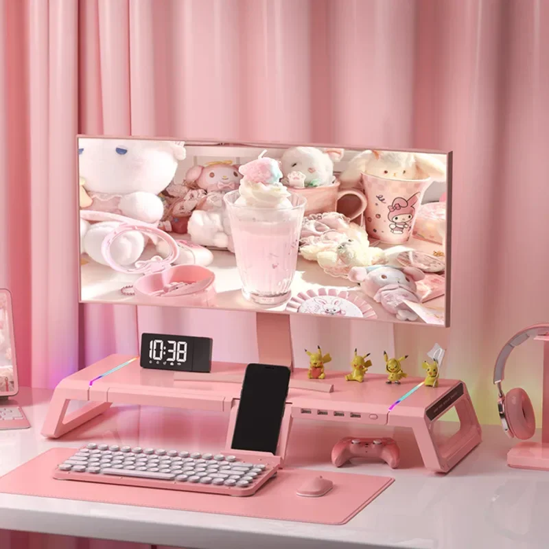 Hot Computer Monitor Stand with USB Pink Laptop Table with Drawer Multifunctional Tablet Stand for Girls Height Adjustable