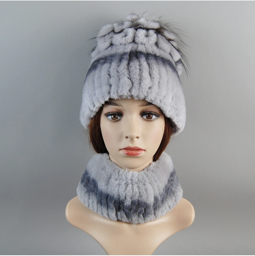 Real Rex Rabbit Fur Hat And Scarf Set Women Winter Knitted Beanie Hat Natural Fur Skullies Beanies Woman Hat Female Cap Elastic