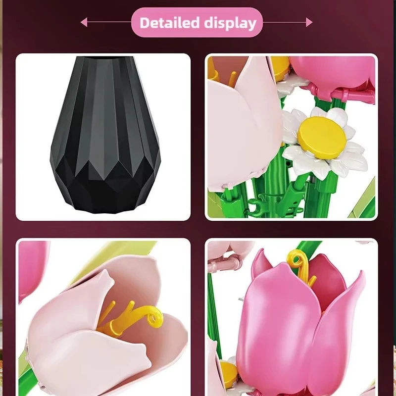 장미 튤립 꽃 모델 빌딩 블록 세트 3D 꽃다발 브릭 DIY 어린이 장난감 홈 데코레이션 성인용 소녀들을 위한 휴일 선물