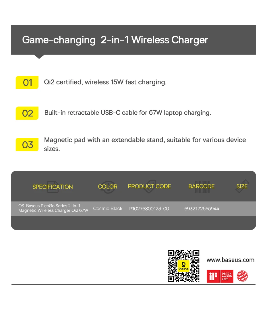 Baseus Qi2 15W Magnetic Wireless Charger For iPhone 16 15 14 13 12 Built in