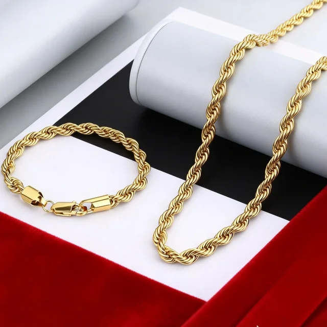 2 pièces mode 18K or 4MM corde torsadée chaîne collier Bracelets ensemble de bijoux pour homme femmes cadeau de vacances accessoires de mariage fête 1