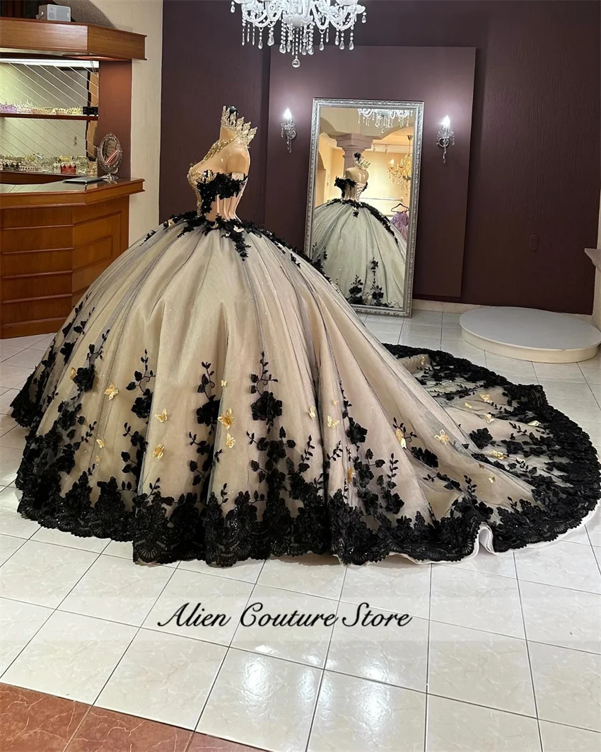 Luxury Black Quinceanera Dresses Beads Crystals 3D Appliques Butterfly Ball Gown Birthday Gown Vestidos De 15 A&ntilde;os Customized