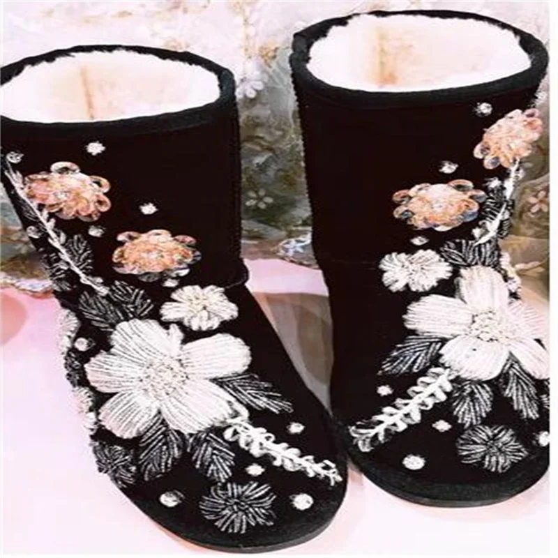 

Floral border handcrafted winter fashion plus fleece warm boots all-in-one fur boots women's 35-44