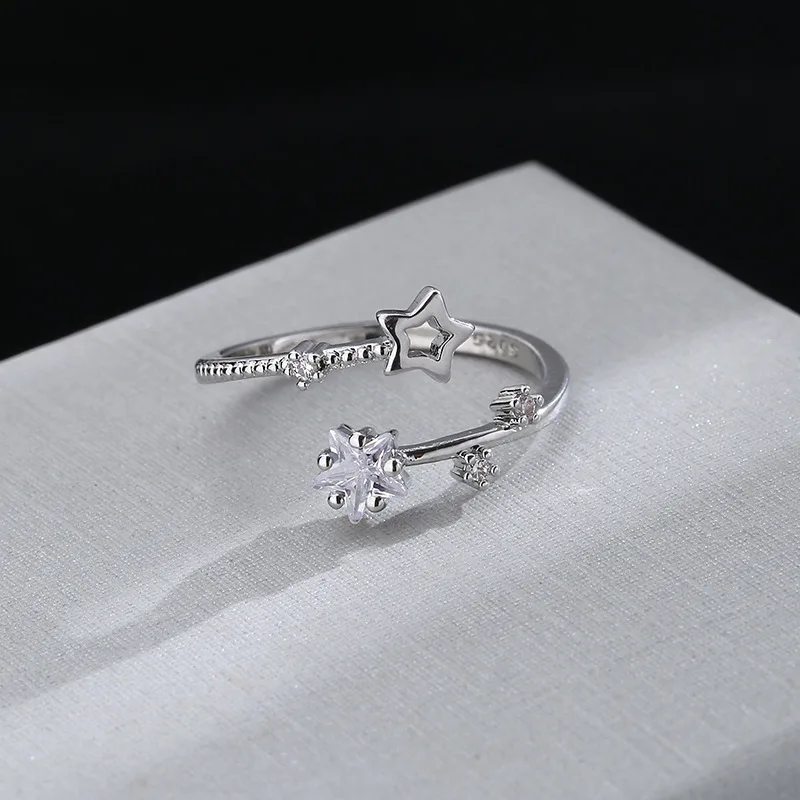 Silver Rings CIAXY Silver Color Hollow Five-pointed Star Rings for Women Flower Vine Adjustable Ring Inlaid Zircon Wedding Jewelry