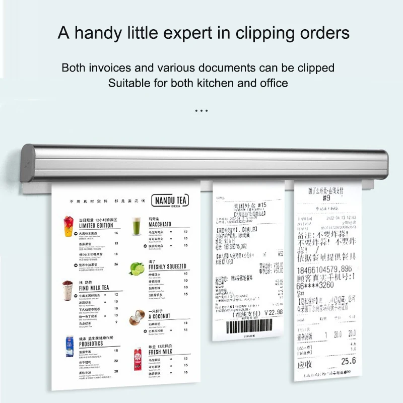 Kitchen Takeaway Clip Organizer with Pen Tray Bill Receipt Punch-Free Menu Clip Wall Mount Restaurant Aluminum Ticket Holder 5