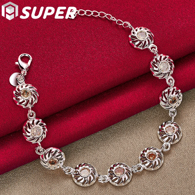 

925 Sterling Silver Round AAA Orange Zircon Chain Bracelet For Women Wedding Engagement Party Charm Jewelry