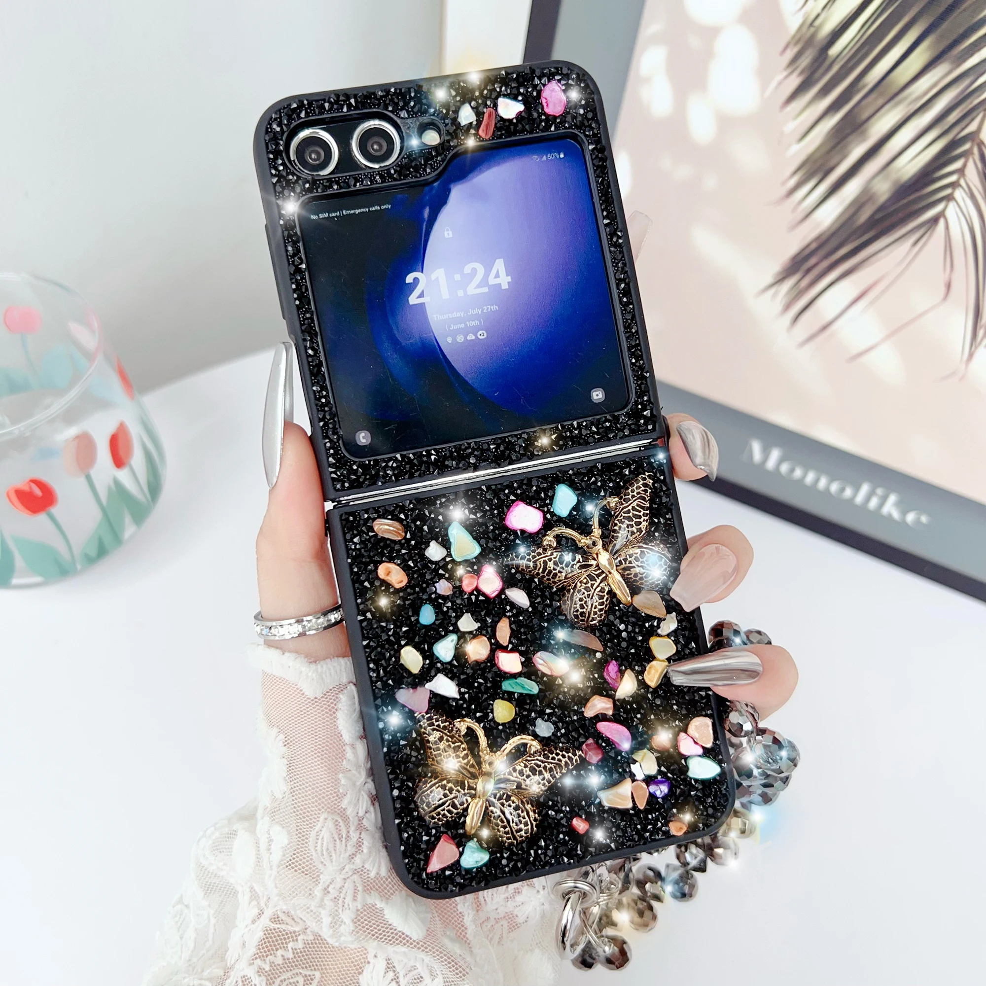 Per Samsung Galaxy Z Flip 3 4 5 6 Custodia per telefono con cinturino a farfalla in pietra colorata e cristallo scintillante elegante e carina_voghion.com