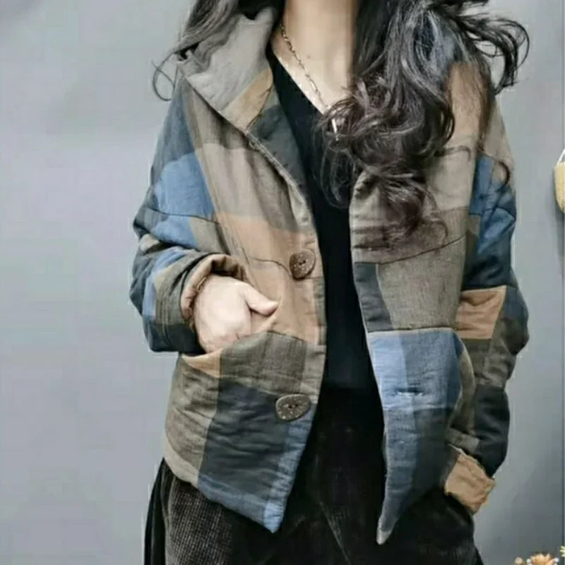 Parkas Women Patchwork Button Pockets Fashion Hooded Daily Casual Warm Winter Popular All-match Temperament Cozy Youth Basic New