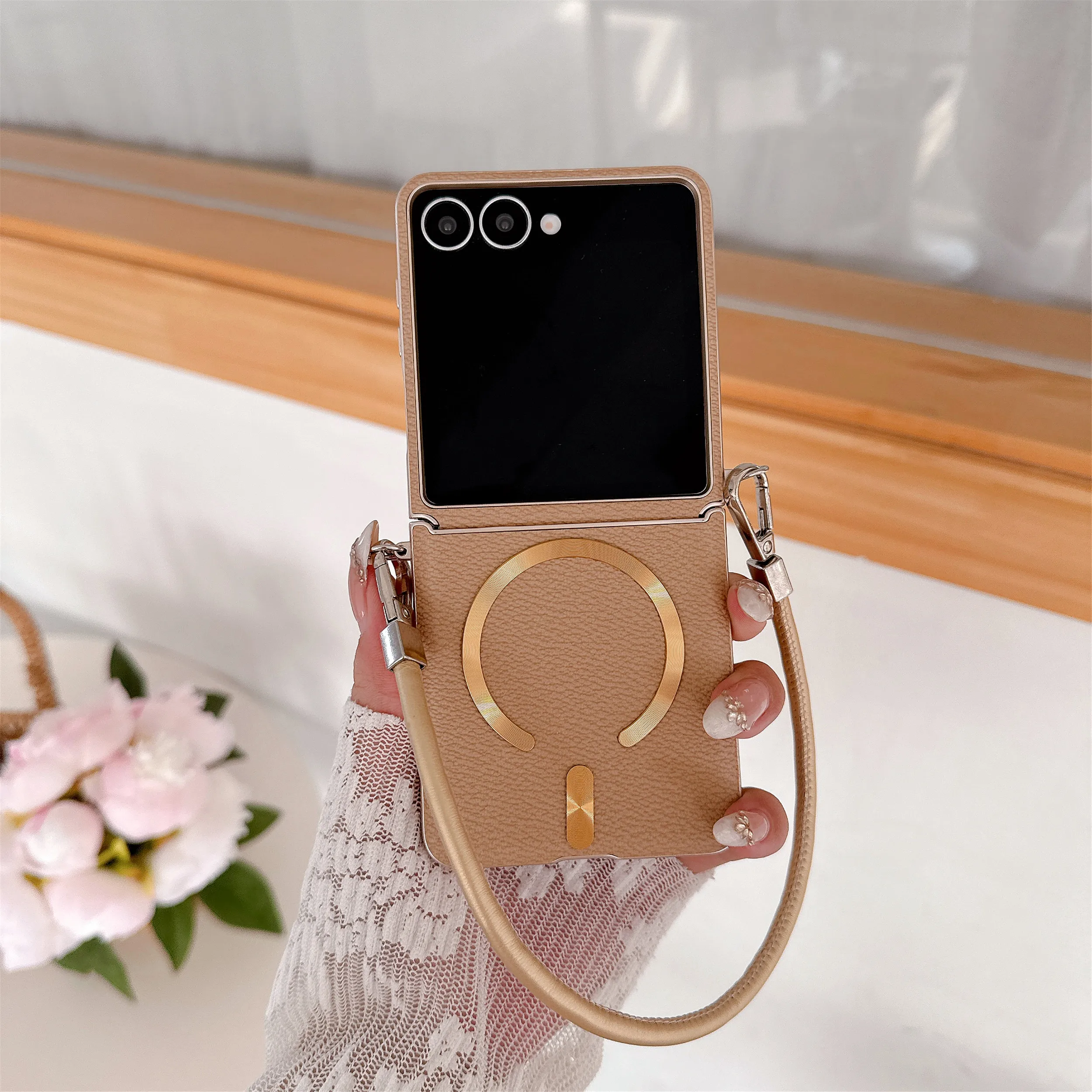 Enhanced Leather Magnetic Cover with Wristband and Lanyard for Seamless Wireless Charging