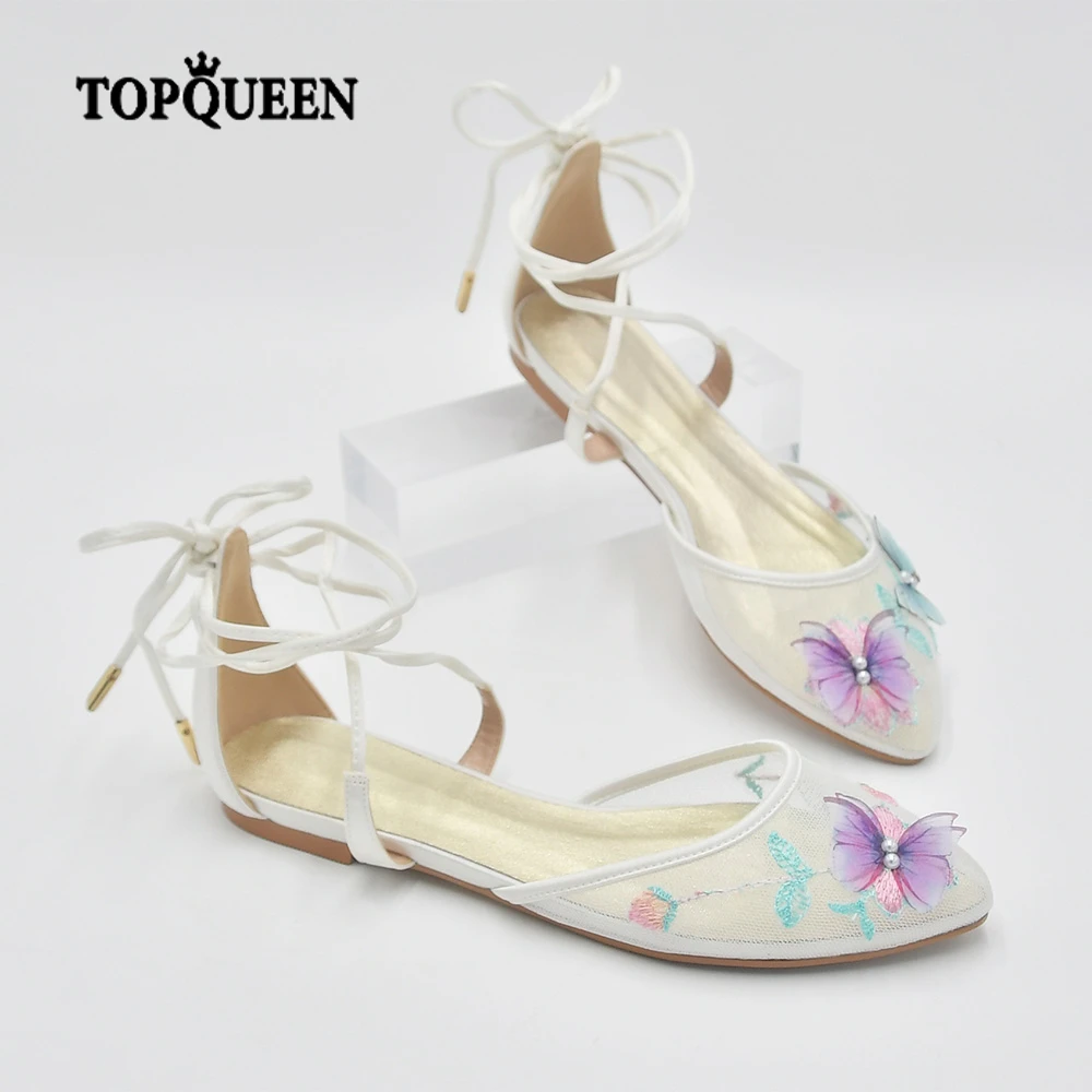 

TOPQUEEN Bridal Flat Shoes Handmade Lace Embroidered Comfortable Wedding Shoes for Women Summer Bridesmaid Party A39