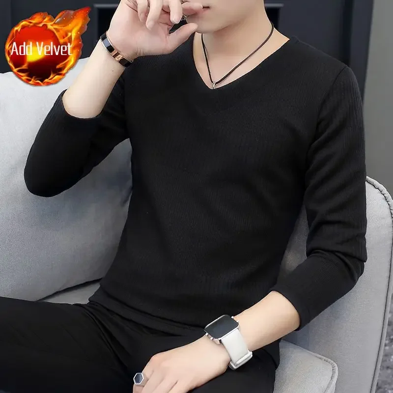 Sudaderas lisas con cuello en V, capa base unicolor, jerseys para hombre, nuevo diseño coreano Xl, ropa de calle de otoño, camiseta de una pieza para hombre