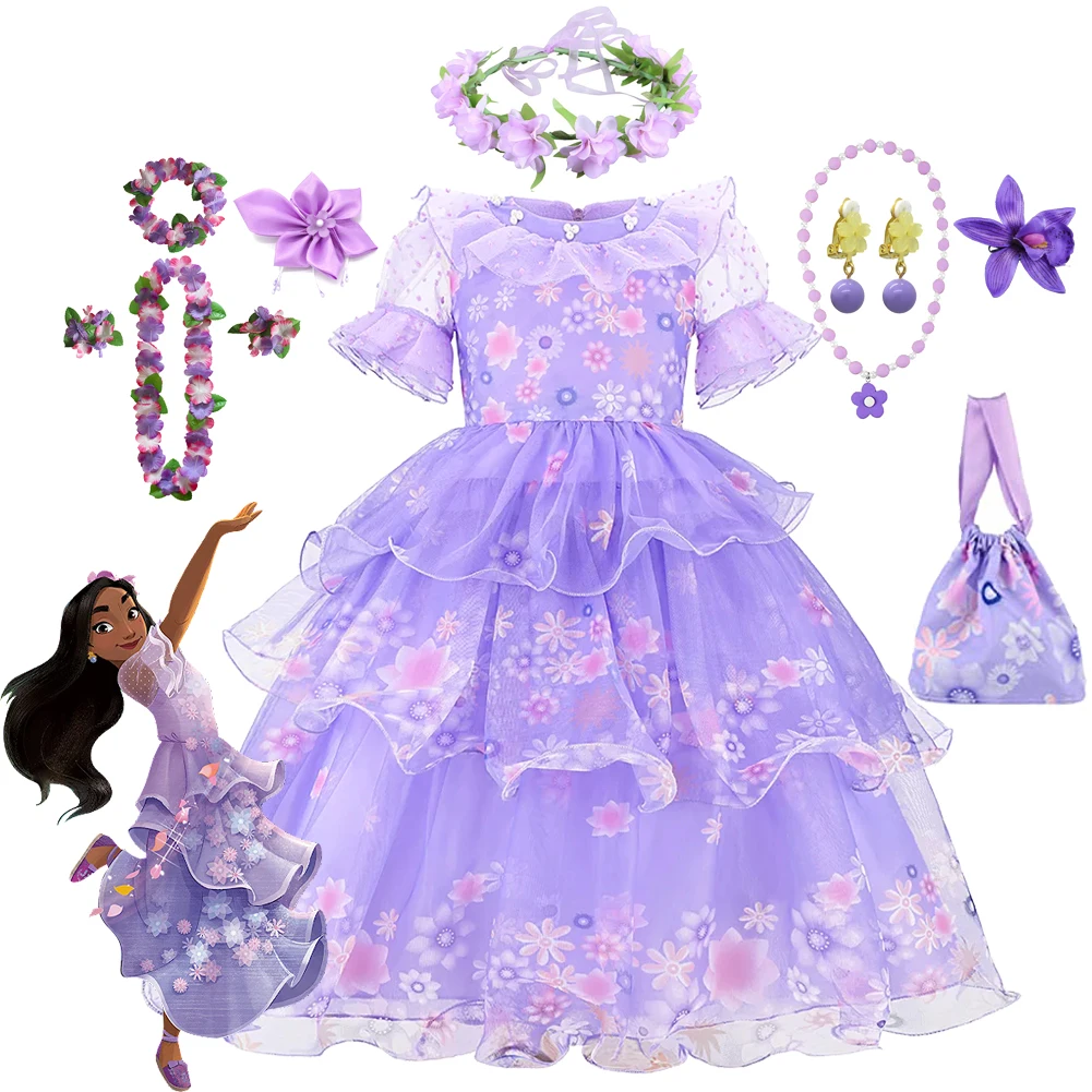 

New Baby Girls Isabela Mirabel Cosplay Princess Costumes Mesh Floral Dress Children Fancy Clothes Kids Birthday Party Vestidos