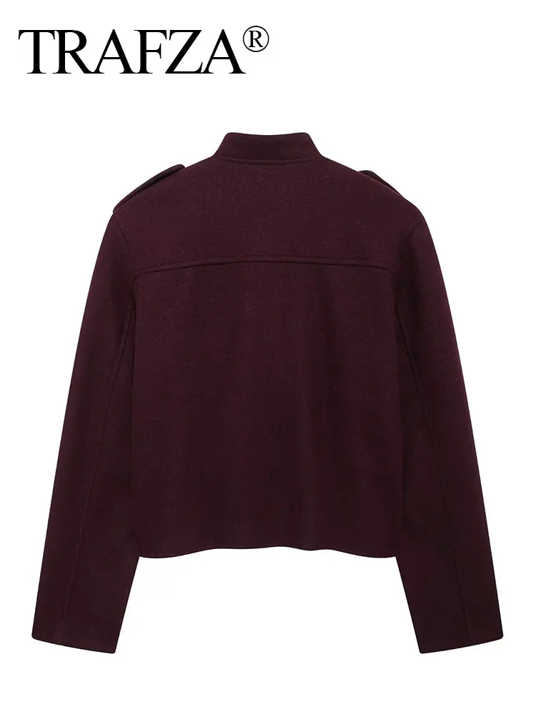 TRAFZA Women Vintage Wine Red Coat O Neck Long Sleeve Single Breasted Jacket With Pockets Autumn Casual Office Lady Outerwear 6