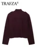 TRAFZA Women Vintage Wine Red Coat O Neck Long Sleeve Single Breasted Jacket With Pockets Autumn Casual Office Lady Outerwear 6