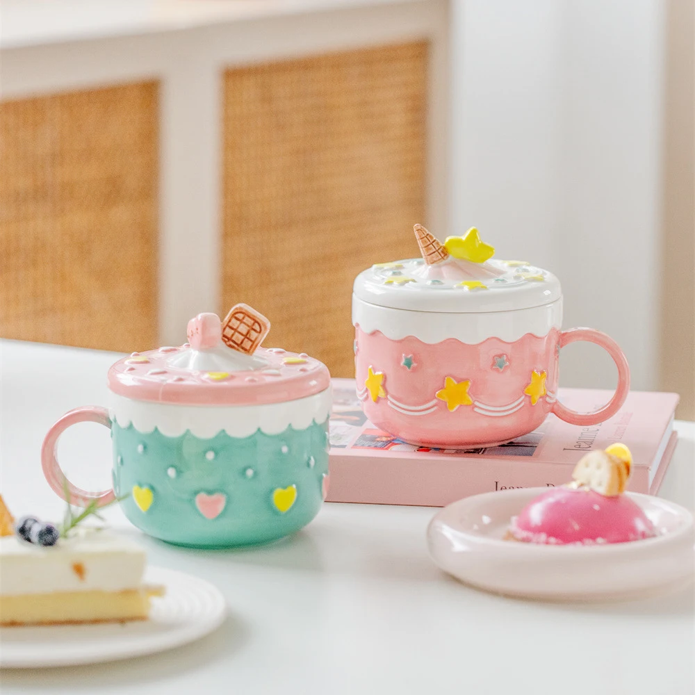 

430ml New Ceramic Coffee Mug Creative Cute Cake Embossed Pattern Water Cup Large Capacity with Cover Home Office Juice Mugs Gift