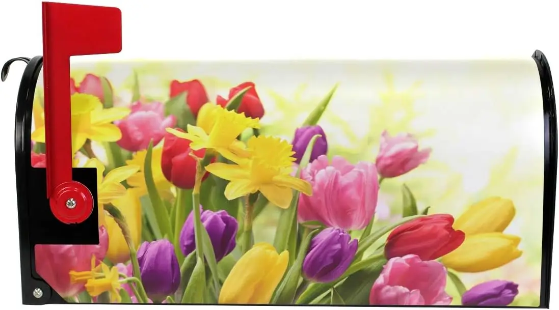 Easter Colorful Tulips Daffodils Mailbox Cover Magnetic Outdoor Garden Yard Decor Letter Box Cover