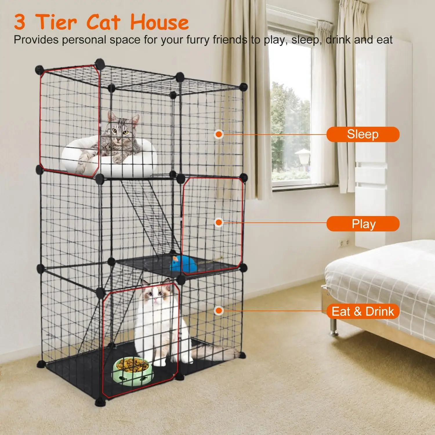 Detachable 3-Tier Cat Cage Playpen for Kittens, Puppies & Bunnies-Indoor House with 3 Doors (Black, 28.15x13.97x42.12in)