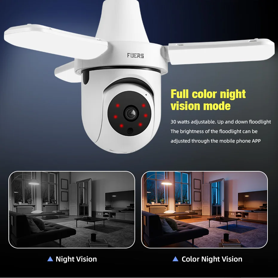 FUERS E27 Bulb Indoor Camera Security Indoor Monitor Wireless 2.4G WiFi Automatic Human Tracking FloodLight Surveillance Camera 4