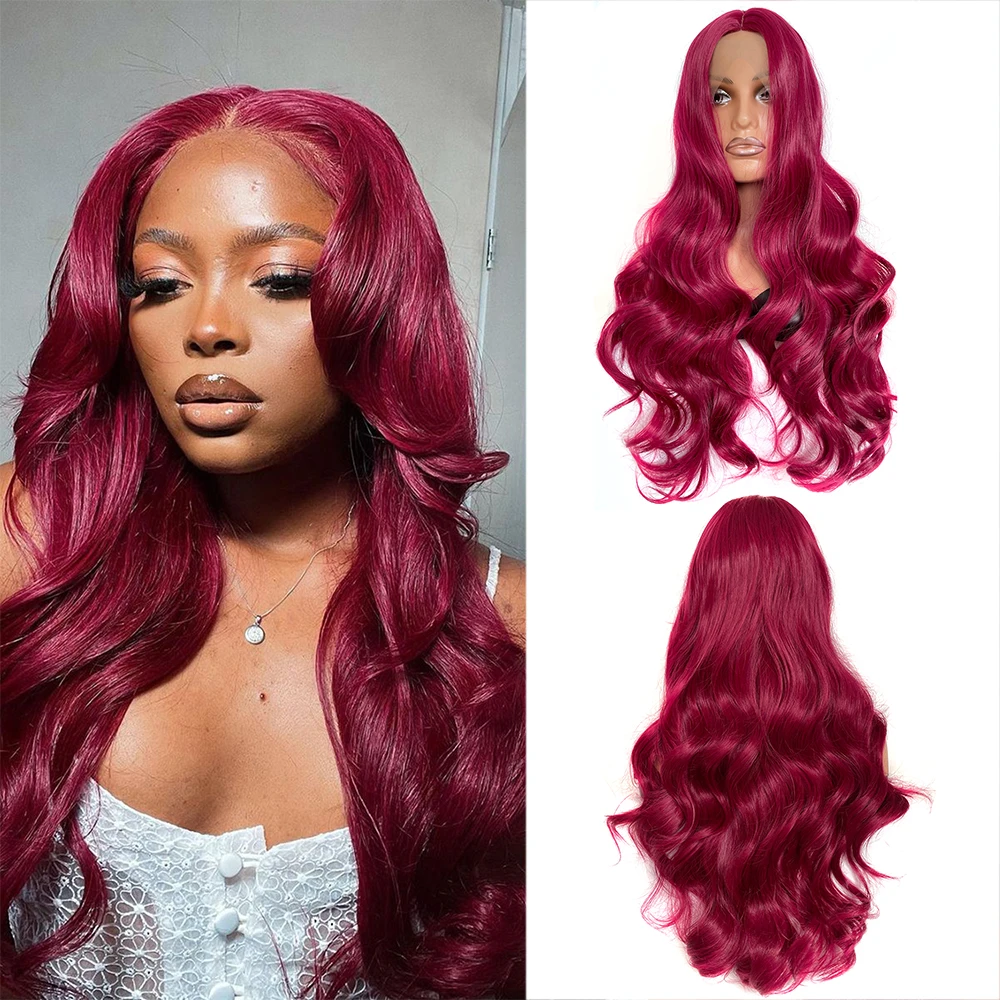 

99J Lace Front Hairline Wig Synthetic Wigs Highlight Wig for Woman Brown Burgundy Middle Part Daily Wigs Heat Resistant Fiber