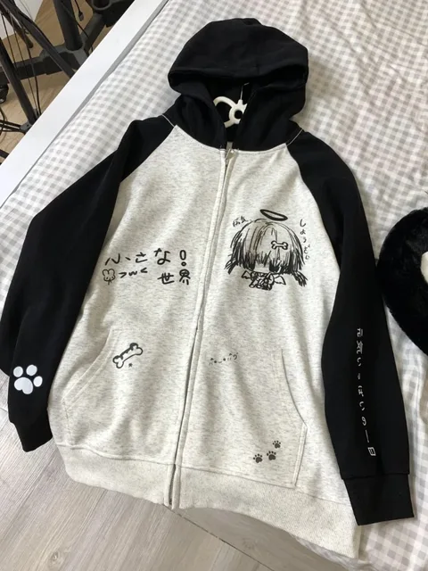 Zip Up Hoodie Cartoon Japanese Grunge Sweatshirt Women Clothing Streetwear Anime Print Jackets Y2k Tops Casual Loose Outerwear 1