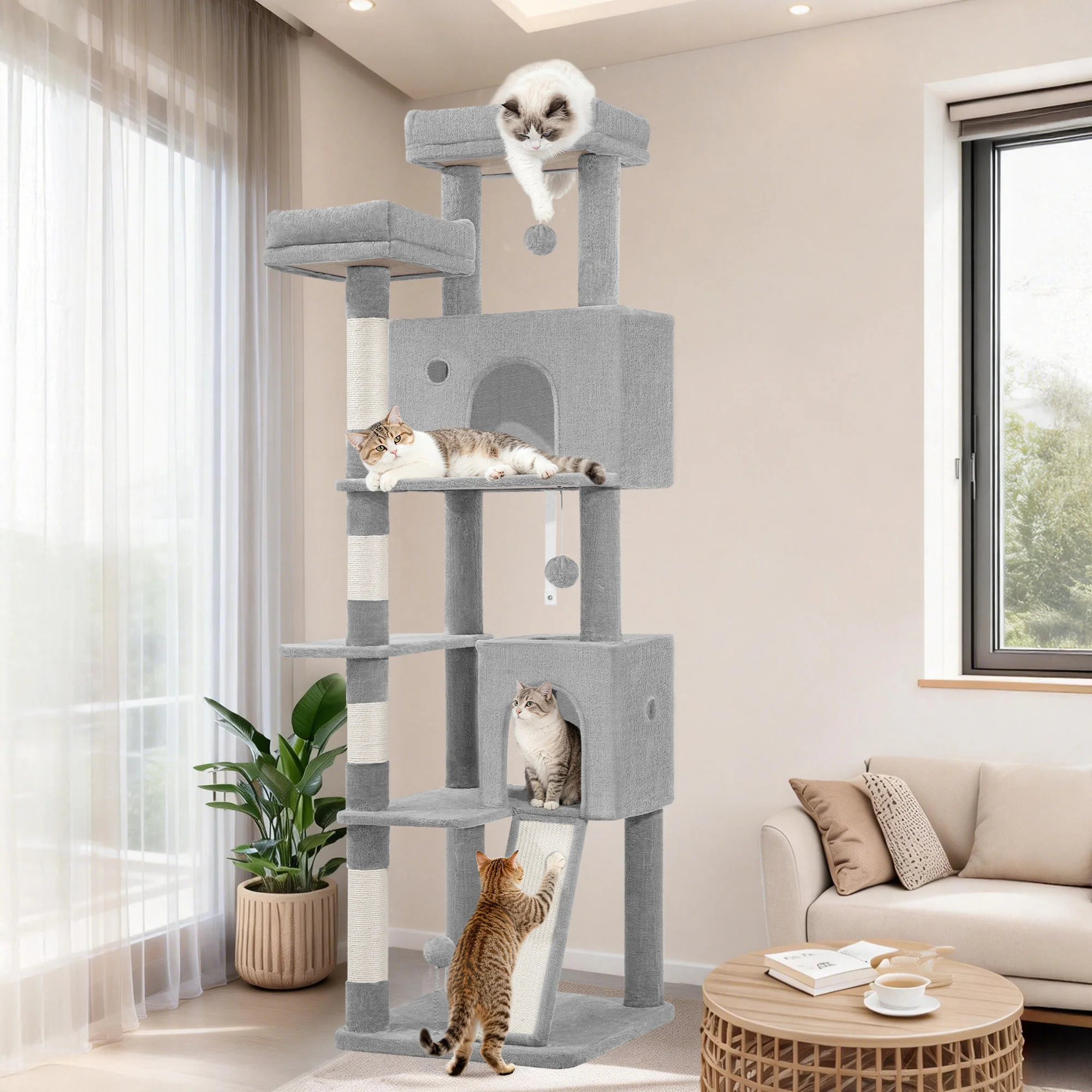 Cat Tree for Indoor Cats, 178 cm Cat Tower, Multi-Level Cats Climbing Frame with Scratching Posts, Scratch Board, 2 Comfy Condos