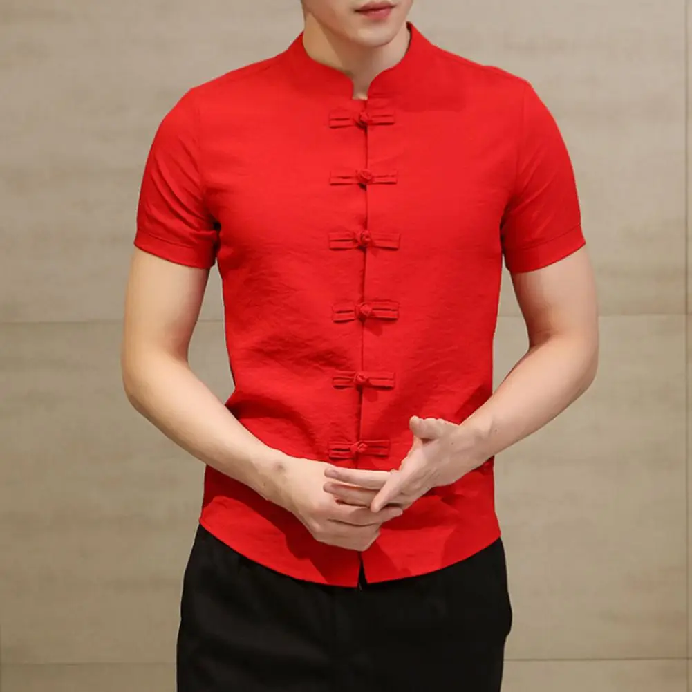 

Trendy Chinese Traditional Clothes Solid Color Breathable Mandarin Collar Men Summer Top Men Summer Shirt Match Pants
