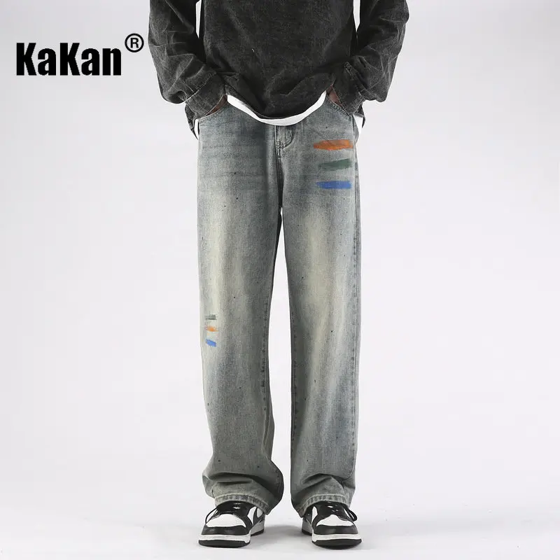 Kakan - Spring/Summer New Speckle High Street Blue Jeans Men's Wear, Vintage Paint Graffiti Straight Leg Jeans K024-LQS933 new goth pants graffiti smiling face print baggy jeans women straight loose american couples street y2k high waist slouchy jeans