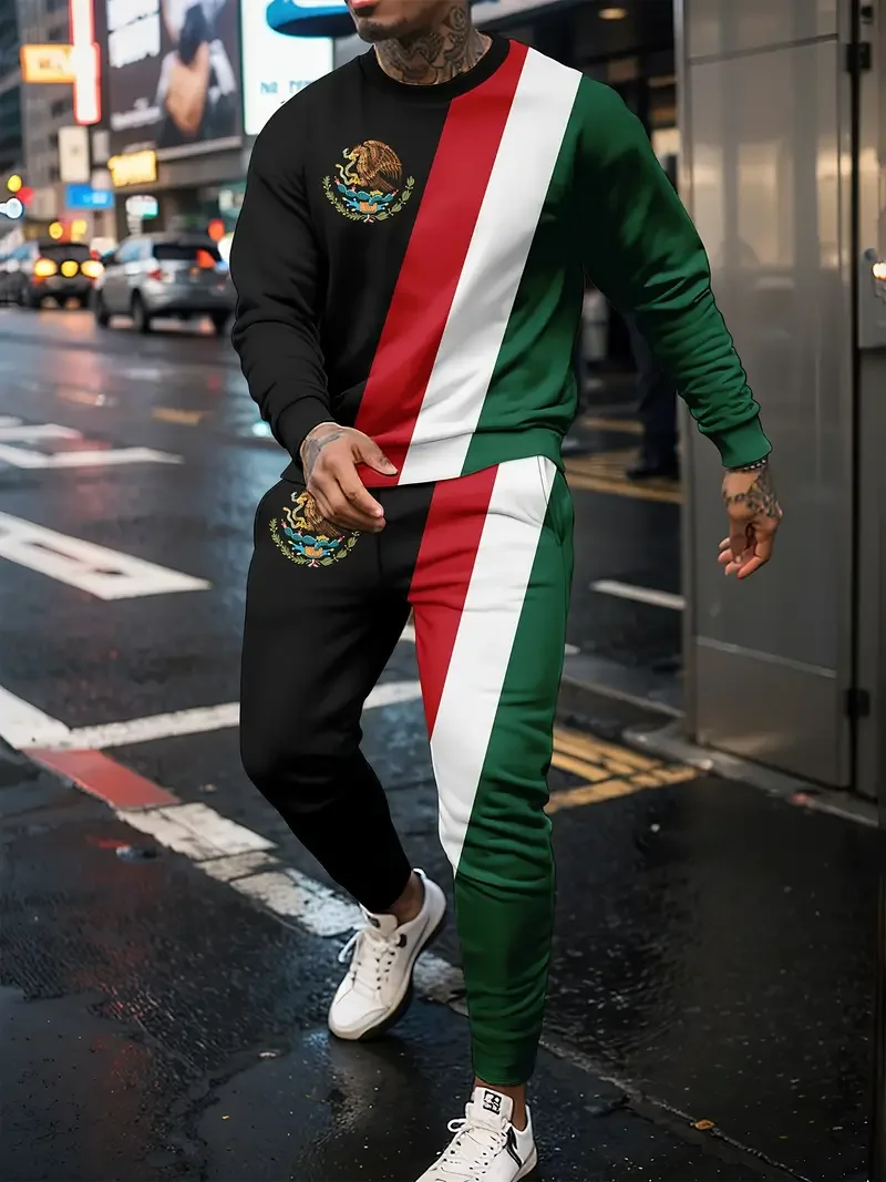 Fashion Mexican Flag 3D Print Men's Sportswear Set Casual Long-Sleeved T Shirt Pants 2-Piece Set Oversized Pullover Men Clothing 2