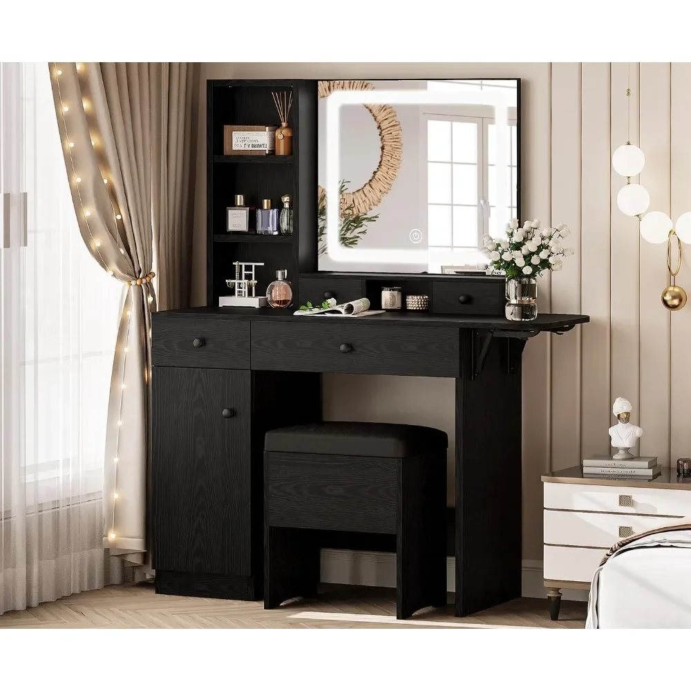 Vanity Desk With Drawers & LED Lighted Mirror & Power Outlet & Cabinet Furniture Storage Stool Dressers for Bedroom Modern Black