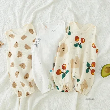 Summer Baby Girls Romper Cartoon Bear Newborn Jumpsuits Infant Sleeveless Muslin Clothing for Boys Printed Outfits 1