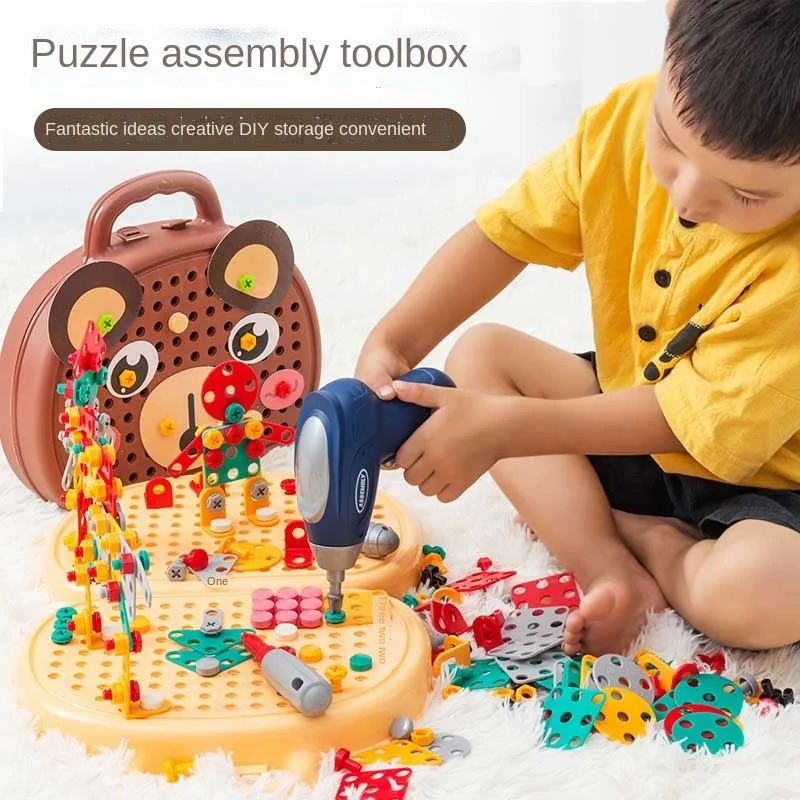 Children's Electric Drill Screw Nut Assemble Disassembly Blocks Simulation Repair Toolbox Pretend Toy Diy Puzzle Educational Toy