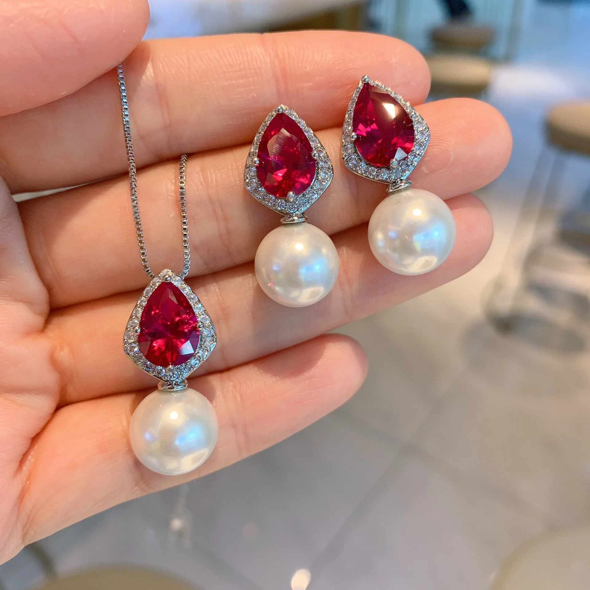 

Pearl Ruby Gemstones Necklace Vintage Earrings 2023 Trend Wedding Luxury Dangle Fashion Jewelry 2022 Friends Anniversary Gift