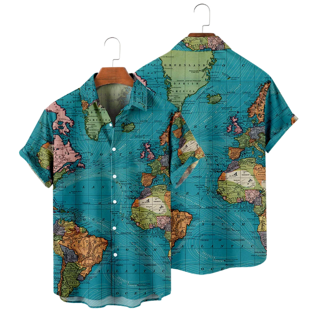 Summer Men's Shirts World Map Digital Printing Oversized Buttons Short Sleeves Loose Casual Slim Fit Shirts Fashion European Siz 3