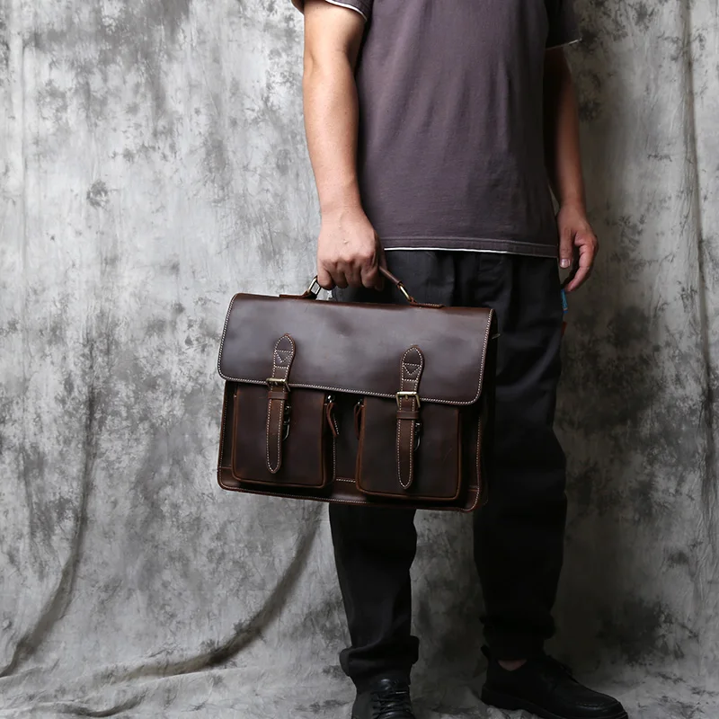 NZPJ Retro Leather Men's Handbag Crazy Horse Leather Horizontal Computer Bag Top Layer Leather Men Casual Shoulder Messenger Bag