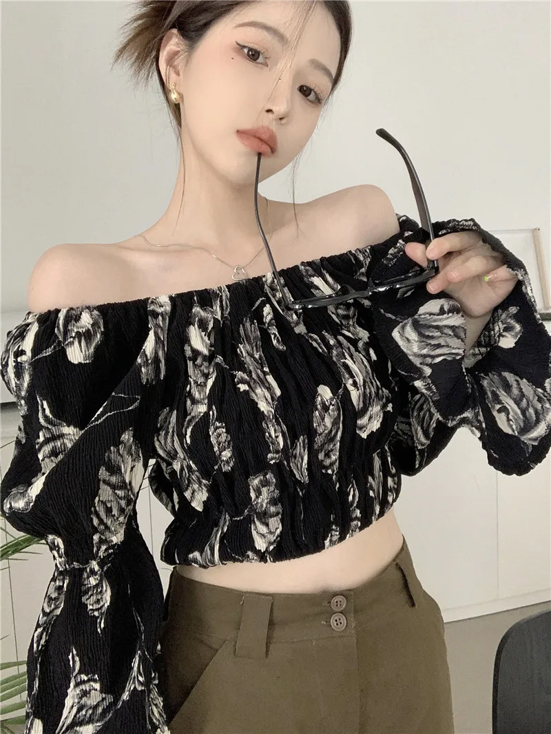 Ink and Wash Printed Shirt for Female Off Shoulder Long Sleeved Short Design Stretched Chiffon Top Sexy Woman Floral Blouses