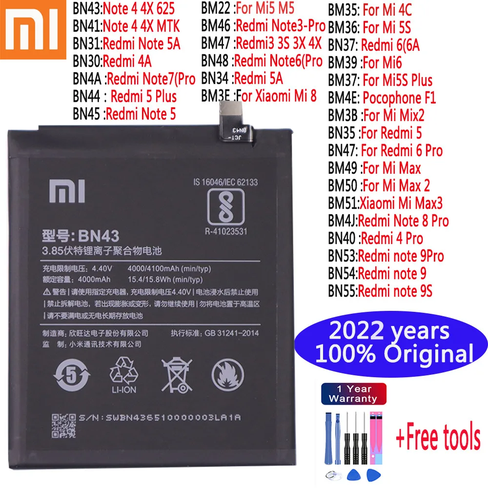 

Original Battery Xiaomi Redmi 3 3S 3X 4X 4A 5A 6 6A 4 5 6 Plus 7 8 9 9S Pro Mi 5 6 8 4C SS 5S Plus X2 Max 2 3 max2 max3 Battery