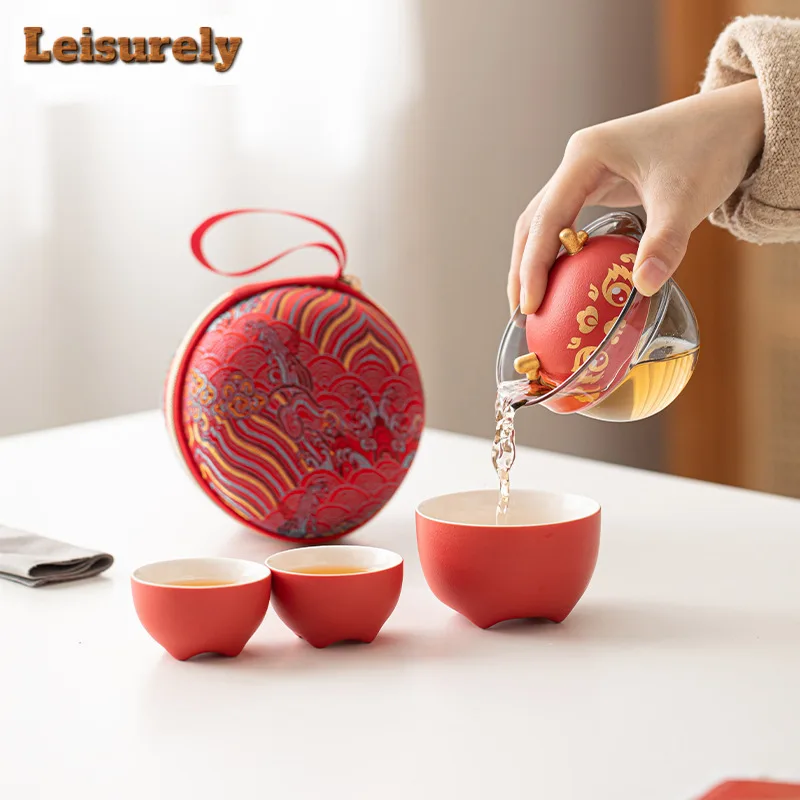 China-chic Red Dargon Travel Tea Set Kit Handmade 1 Pot 2 Cups Household Tea Brewing Travel Tea Set Portable Stock Bags Cafe
