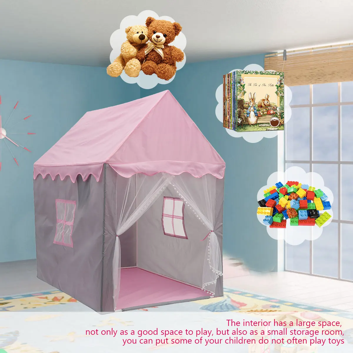 Large Indoor Outdoor Portable Fairy Kids Play Tent with Storage