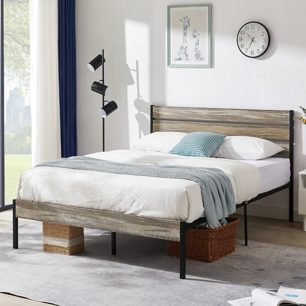 

Platform Queen Bed Frame with Rustic Vintage Wood Headboard and Footboard, Mattress Foundation, Strong Metal Slats Support