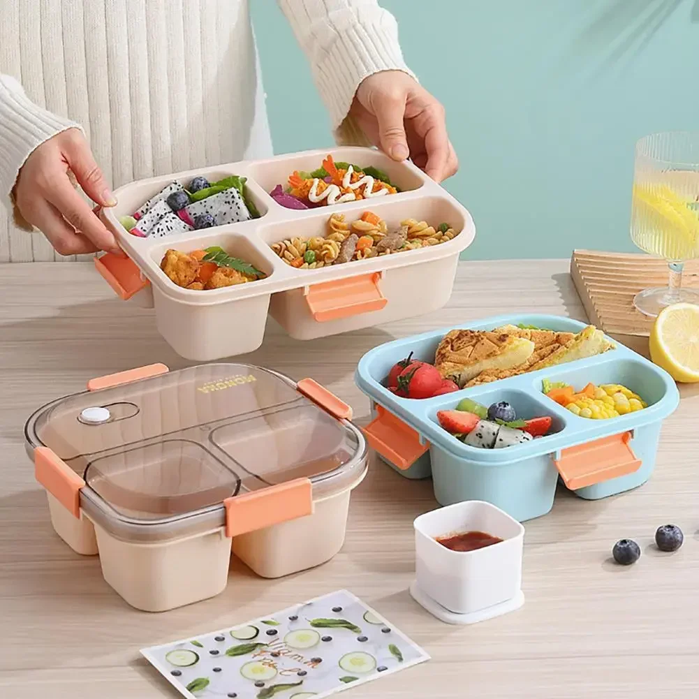 Lunch Container 1 Set 1100/1550ML Bento Box 3/4 Grids Good Sealing Buckle Closure Heat Resistance Fresh-Keeping Microwavable Off 4