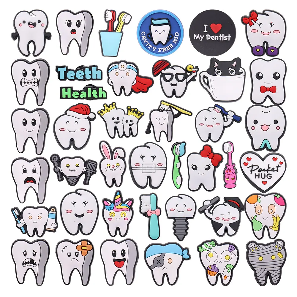 14-40Pcs Lovely White Teeth Love Dentist PVC Shoes Buckle Charms Cavity Free Kids Sandal Decoration DIY Birthday Gifts
