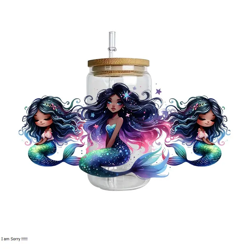 Mermaid series easy peel waterproof DIY Decals Retro Beauty 3D transfers uvdtf crystal sticker 16oz uv dtf cup wraps