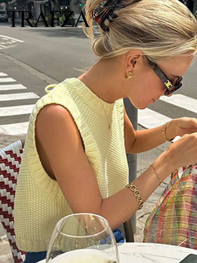 HH Women Elegant Solid Sweater Vest Top Back Lace Up O Neck Sleeveless Backless Yellow Knit Pullover Sweaters Streetwear