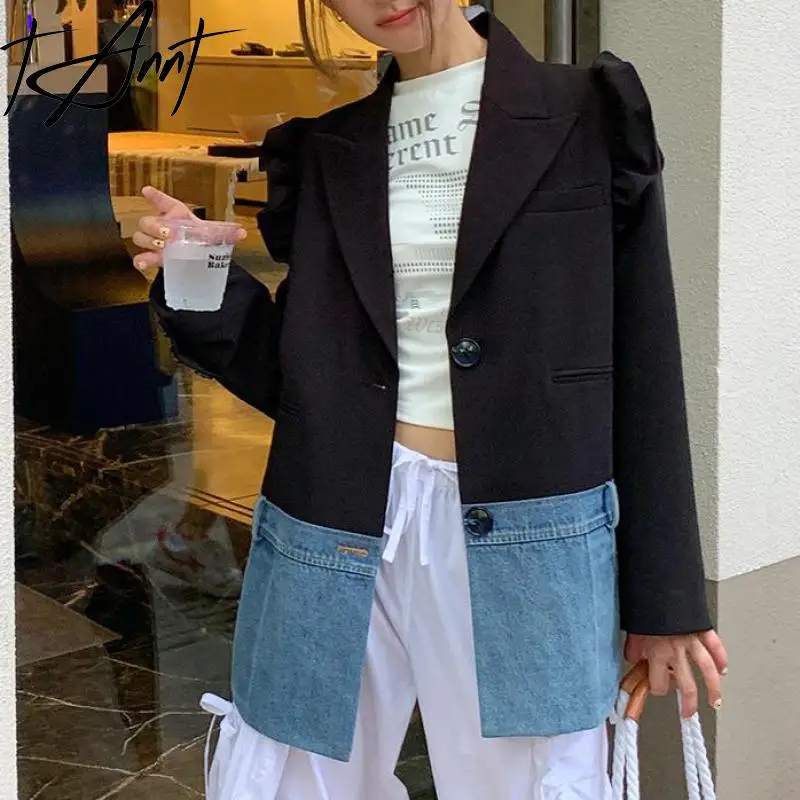 

Tannt Women Blazer Denim Patchwork Lotus Leaf Sleeve Fashion Chic And Elegant Woman Jacket Color Matching Suit Coats Women 2023